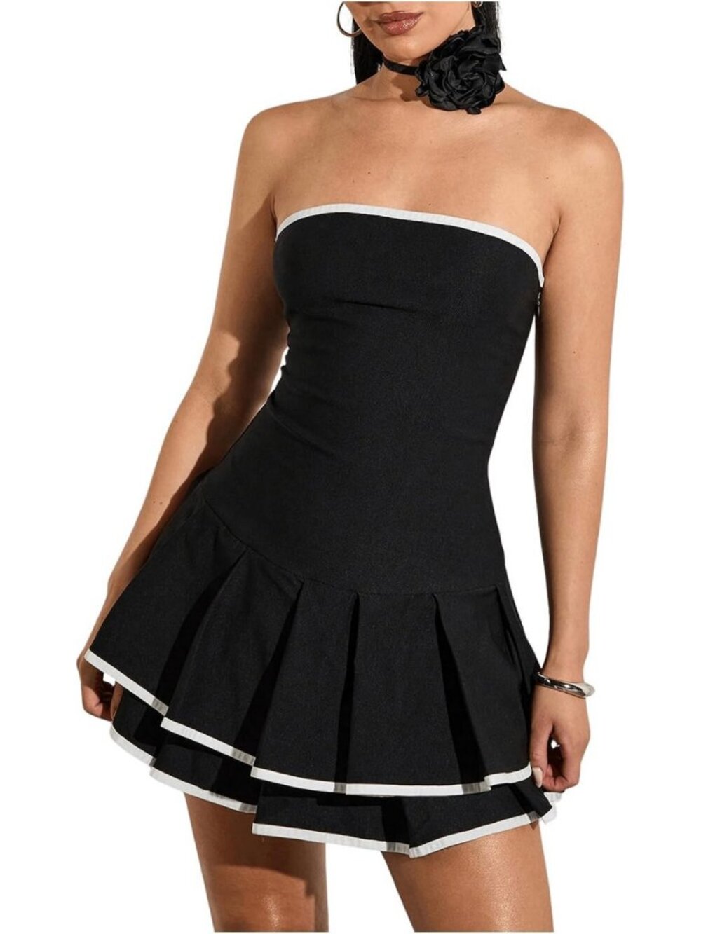 Stylish Contrast Binding Tube Top Pleated A-Line Party Dress for Women
